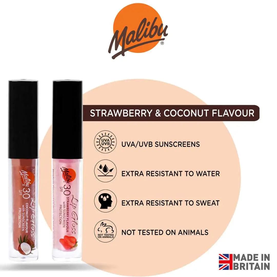 Malibu Lip Gloss Combo (Set of 2) - Coconut and Strawberry Flavour | SPF 30 | Vegan
